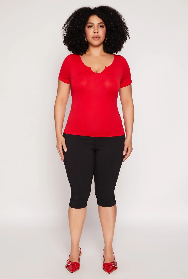 Womens Plus Size Seamless Notch Neck Tee, Red, Size 1X-2X