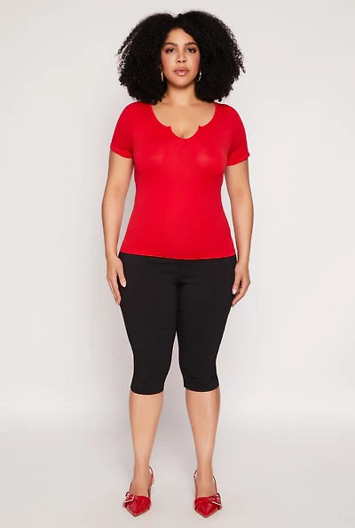 Womens Plus Size Seamless Notch Neck Tee, Red, Size 1X-2X