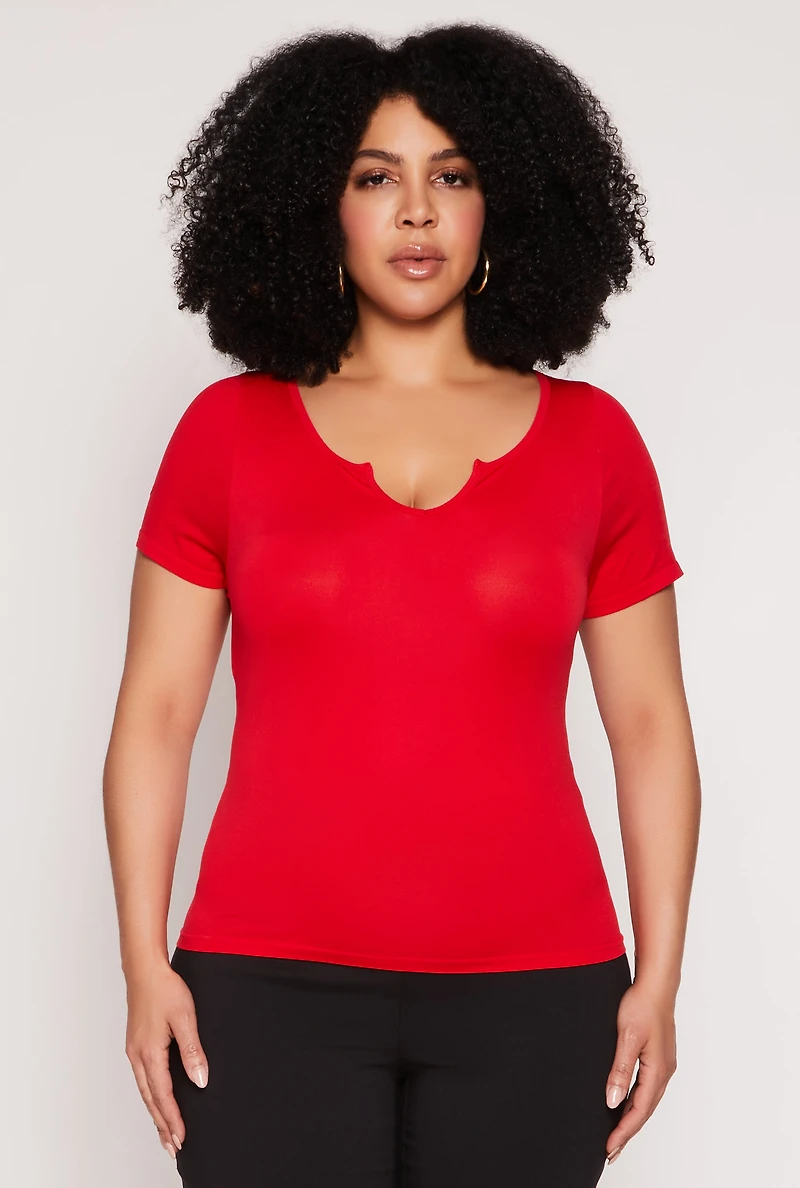 Womens Plus Size Seamless Notch Neck Tee, Red, Size 1X-2X