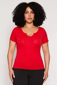 Womens Plus Size Seamless Notch Neck Tee, Red, Size 1X-2X