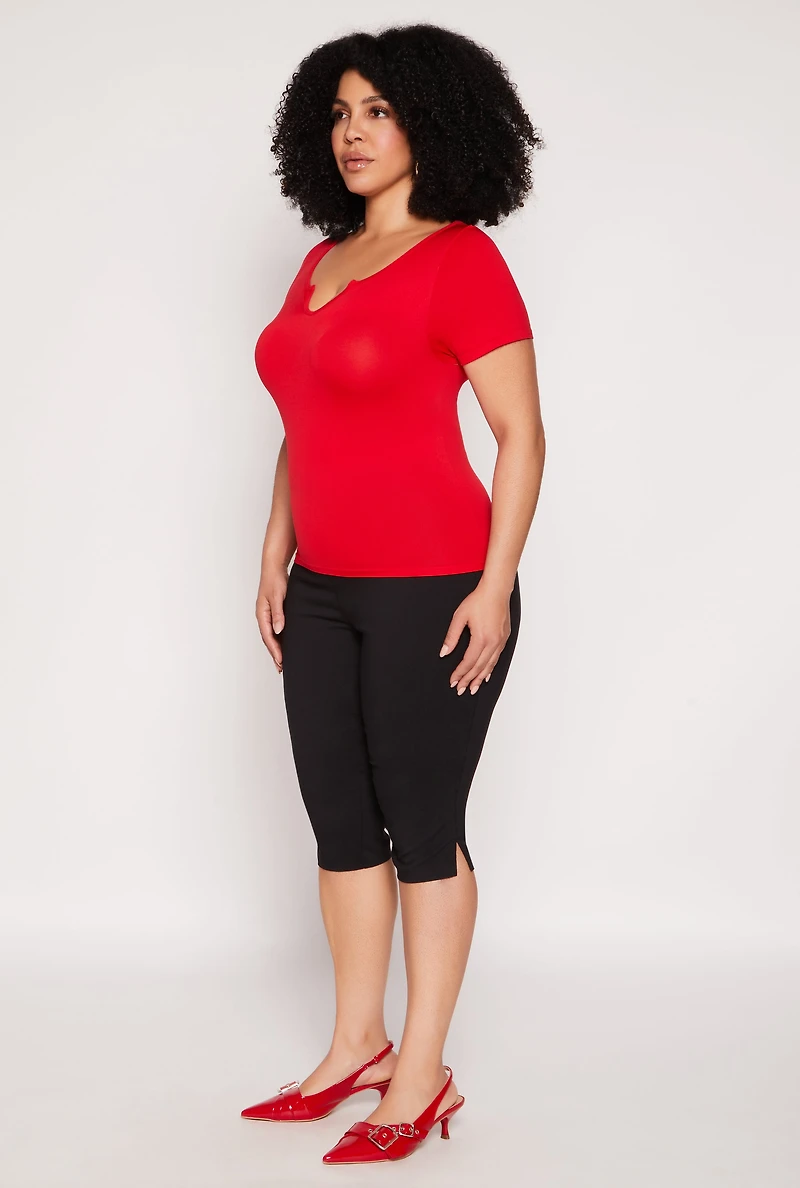 Womens Plus Size Seamless Notch Neck Tee, Red, Size 1X-2X