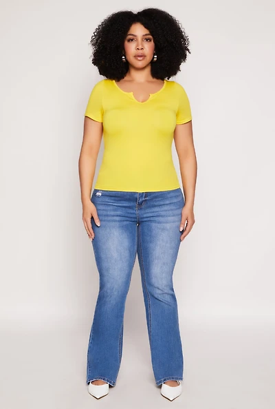 Womens Plus Size Seamless Notch Neck Tee, Yellow, Size 1X-2X