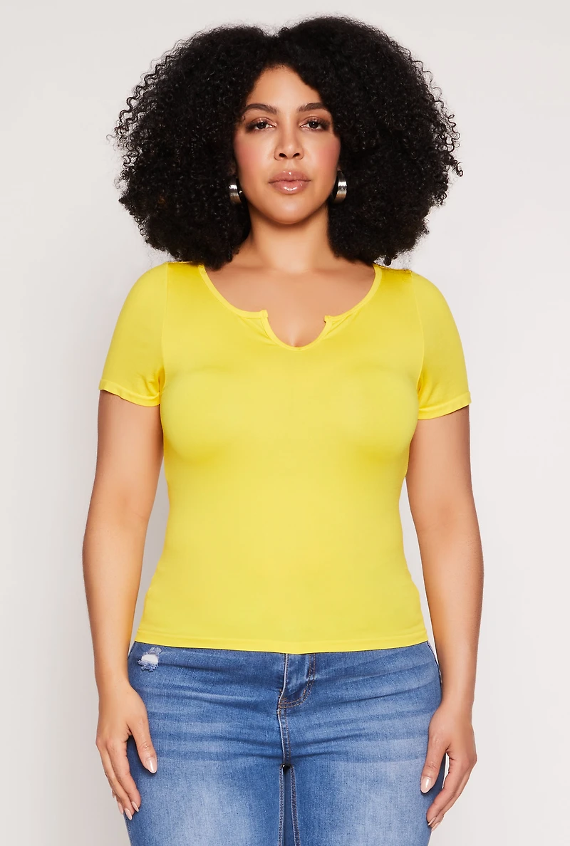 Womens Plus Size Seamless Notch Neck Tee, Yellow, Size 1X-2X
