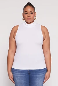 Womens Plus Size Sleeveless Mock Neck Top, White, Size 1X-2X