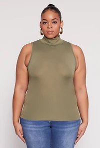 Womens Plus Sleeveless Mock Neck Top, Green,