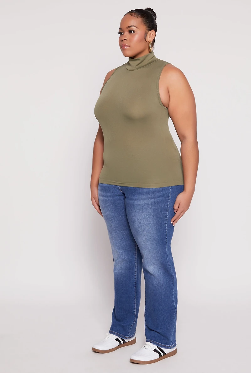 Womens Plus Sleeveless Mock Neck Top, Green,