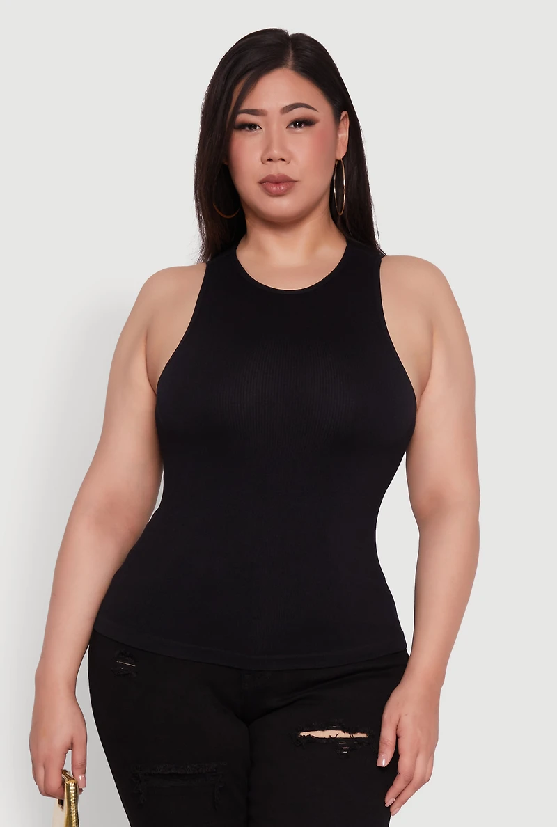 Womens Plus Size Basic Crew Neck Tank Top, Black, Size 1X-2X