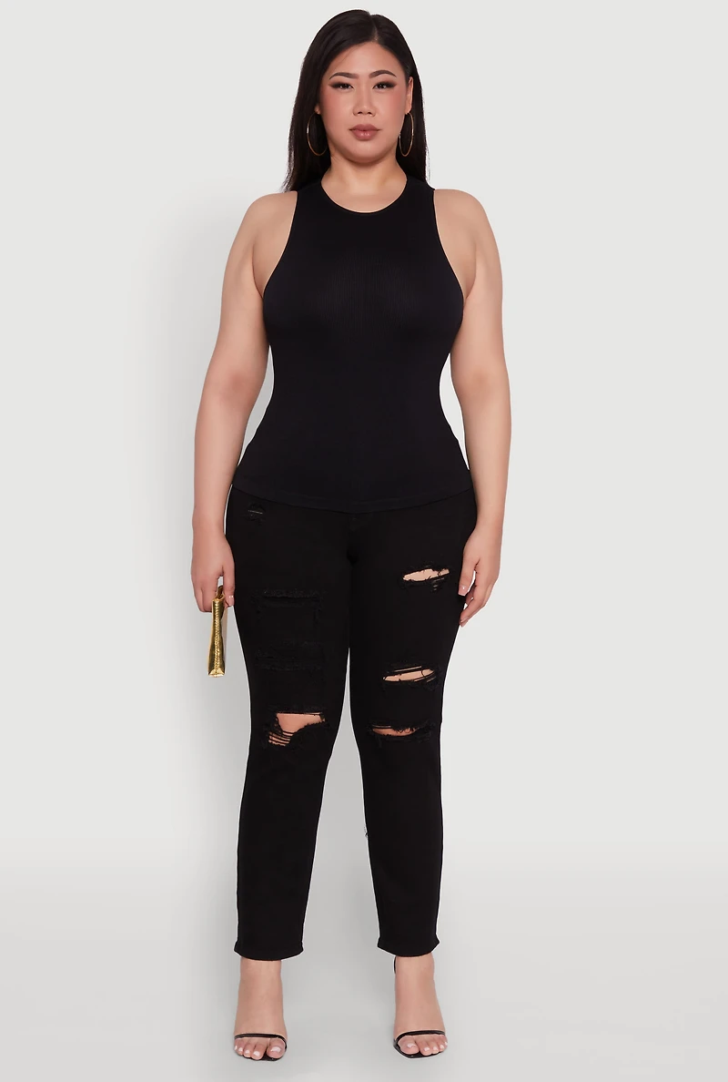 Womens Plus Size Basic Crew Neck Tank Top, Black, Size 1X-2X