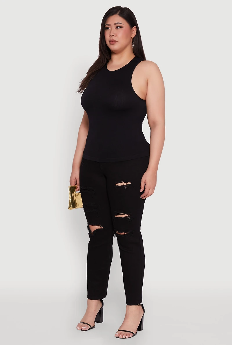 Womens Plus Size Basic Crew Neck Tank Top, Black, Size 1X-2X