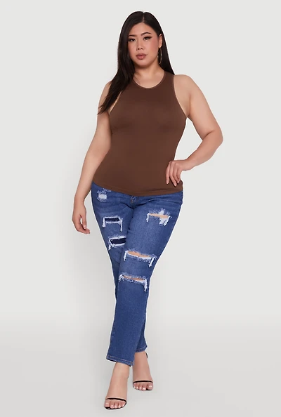 Womens Plus Size Basic Crew Neck Tank Top, Brown, Size 1X-2X