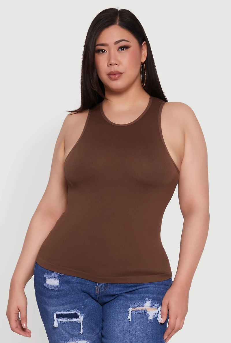 Womens Plus Size Basic Crew Neck Tank Top, Brown, Size 1X-2X