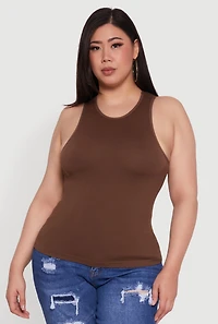 Womens Plus Size Basic Crew Neck Tank Top, Brown, Size 1X-2X