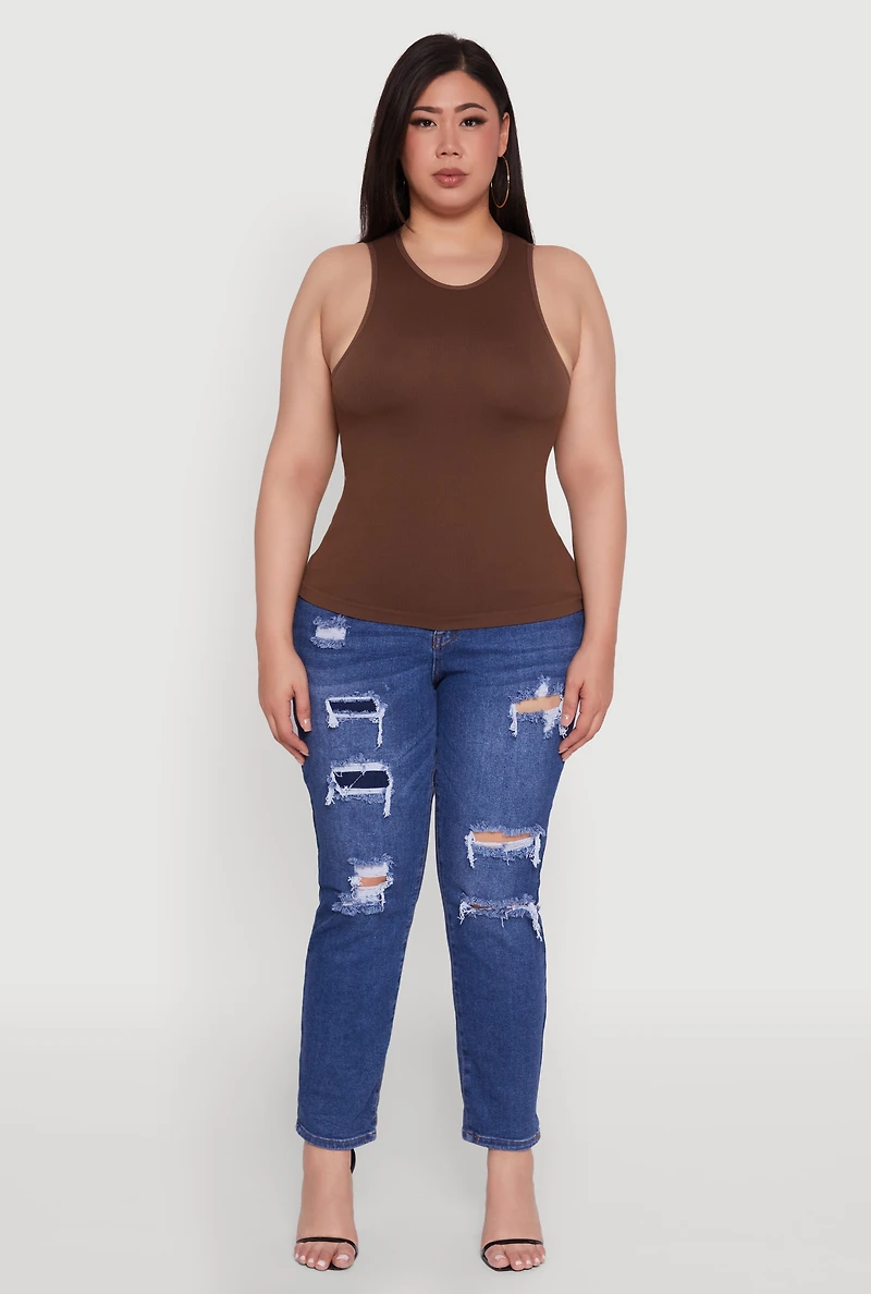 Womens Plus Size Basic Crew Neck Tank Top, Brown, Size 1X-2X
