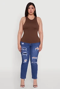 Womens Plus Size Basic Crew Neck Tank Top, Brown, Size 1X-2X