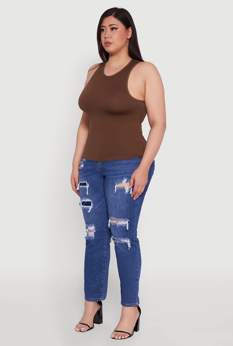 Womens Plus Size Basic Crew Neck Tank Top, Brown, Size 1X-2X