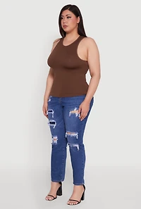 Womens Plus Size Basic Crew Neck Tank Top, Brown, Size 1X-2X