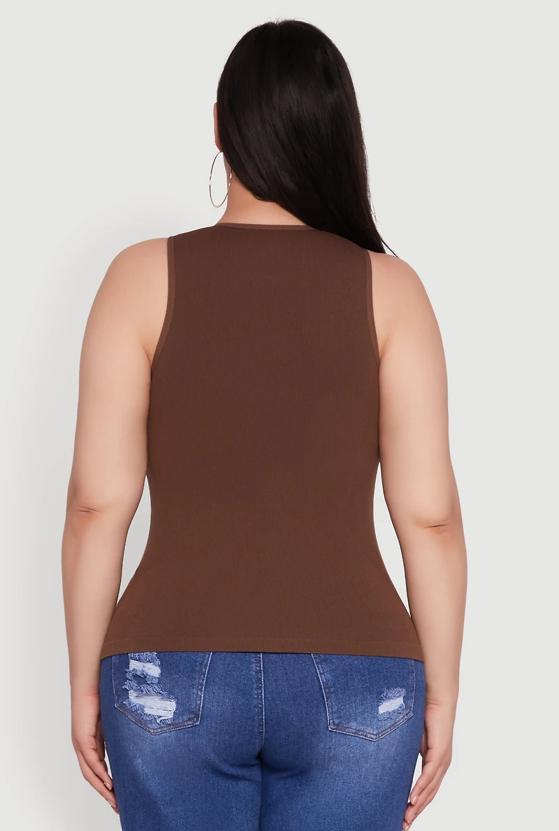 Womens Plus Size Basic Crew Neck Tank Top, Brown, Size 1X-2X