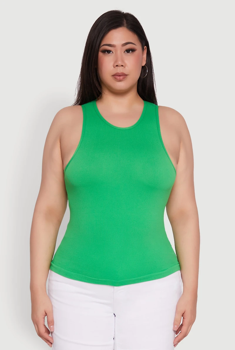 Womens Plus Size Basic Crew Neck Tank Top, Green, Size 1X-2X