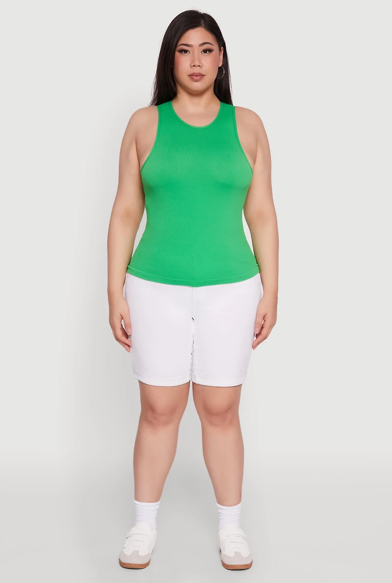 Womens Plus Size Basic Crew Neck Tank Top, Green, Size 1X-2X
