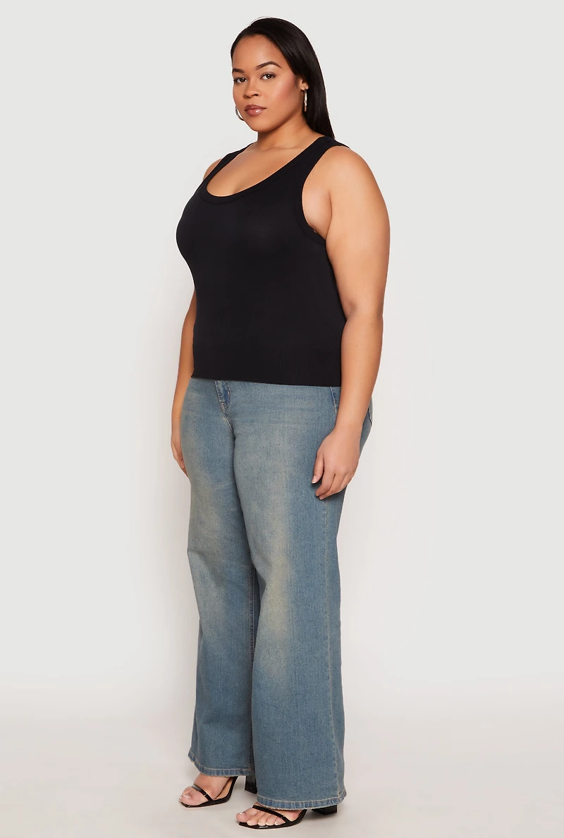 Womens Plus Size Seamless Ribbed Knit Trim Tank Top, Black, Size 2X-3X