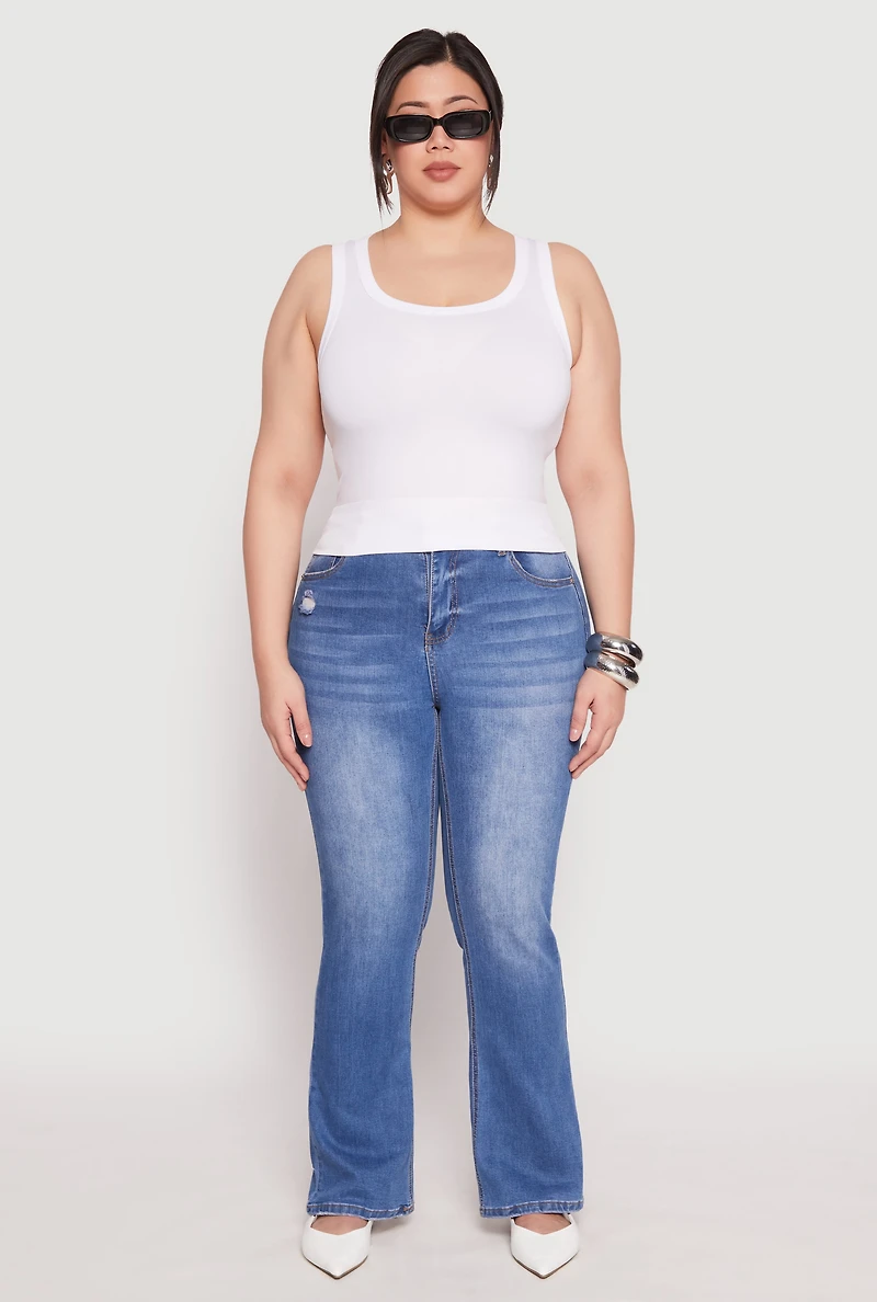 Womens Plus Size Seamless Ribbed Knit Trim Tank Top, White, Size 2X-3X