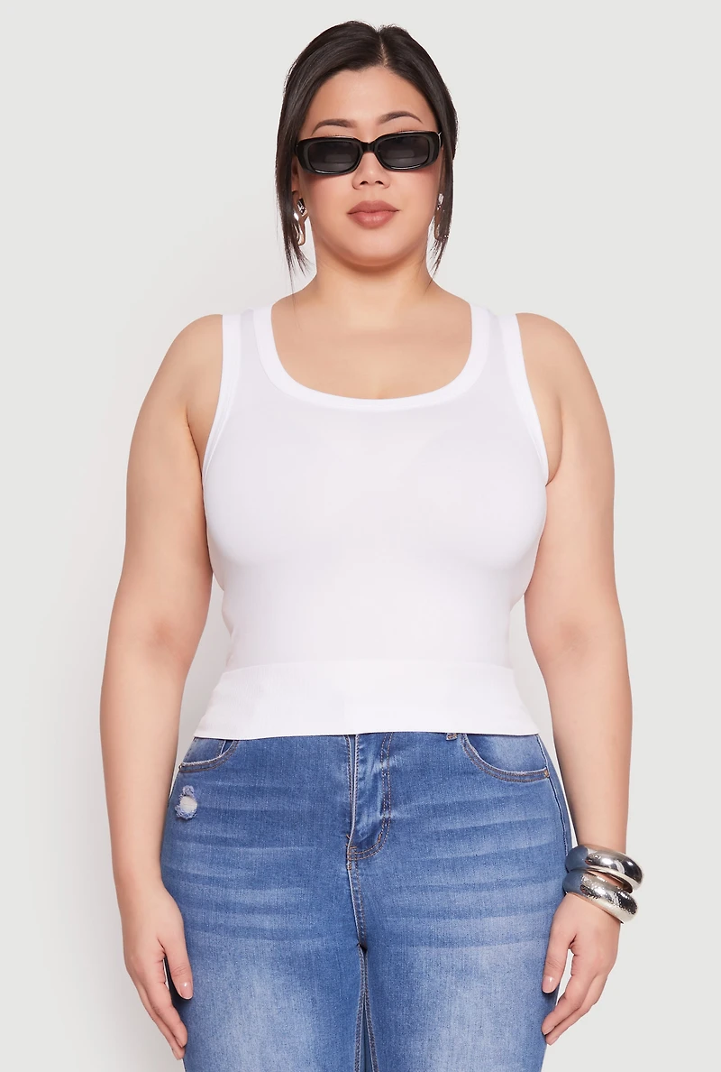 Womens Plus Size Seamless Ribbed Knit Trim Tank Top, White, Size 2X-3X