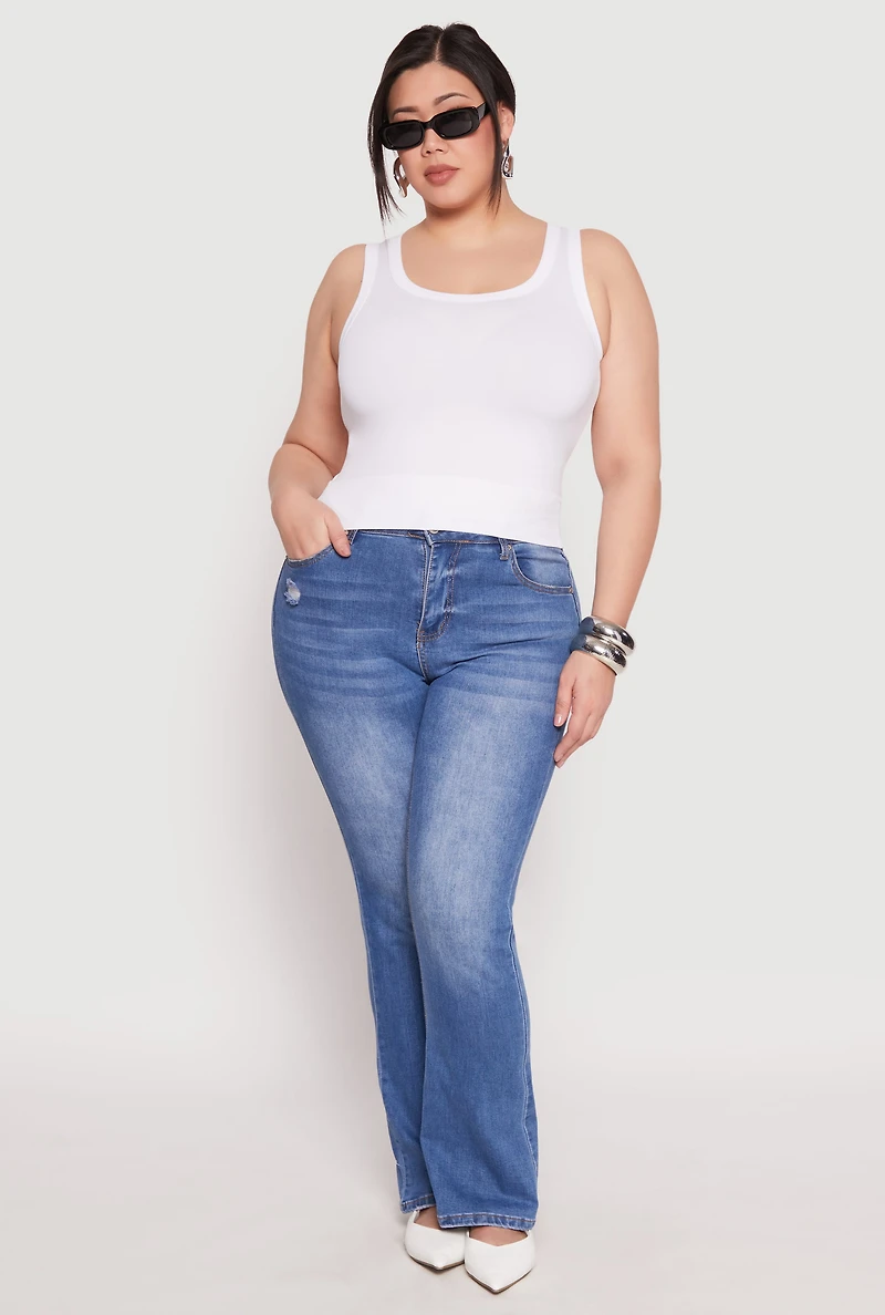 Womens Plus Size Seamless Ribbed Knit Trim Tank Top, White, Size 2X-3X