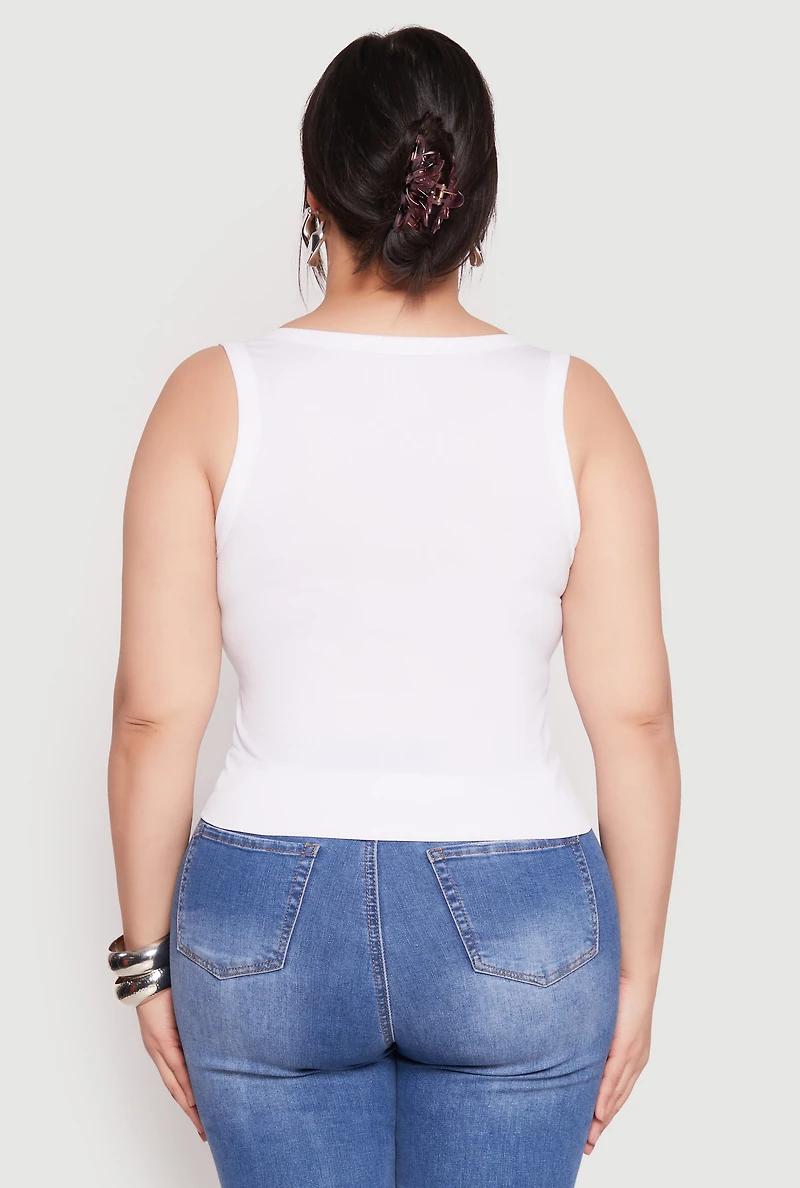 Womens Plus Size Seamless Ribbed Knit Trim Tank Top, White, Size 2X-3X