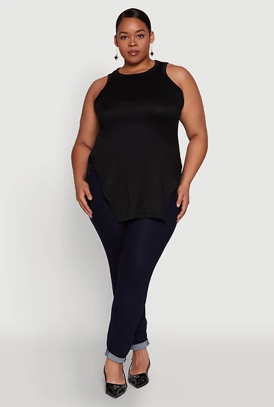 Womens Plus Side Slit Crew Neck Tank Top,