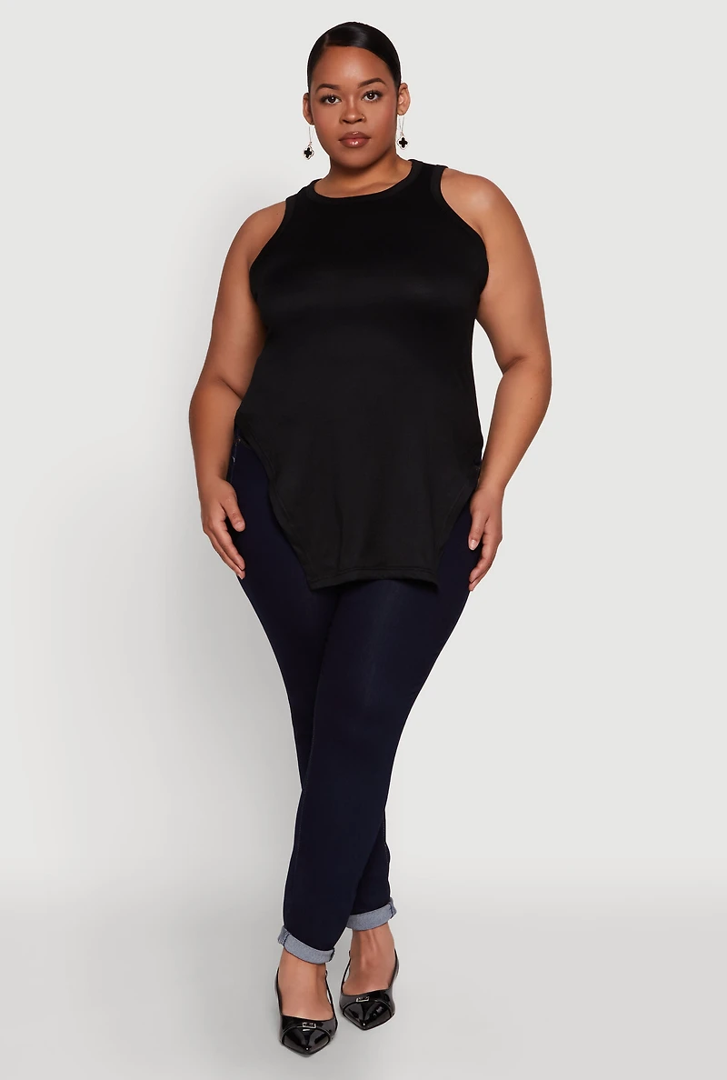 Womens Plus Size Side Slit Crew Neck Tank Top, Black, Size 2X