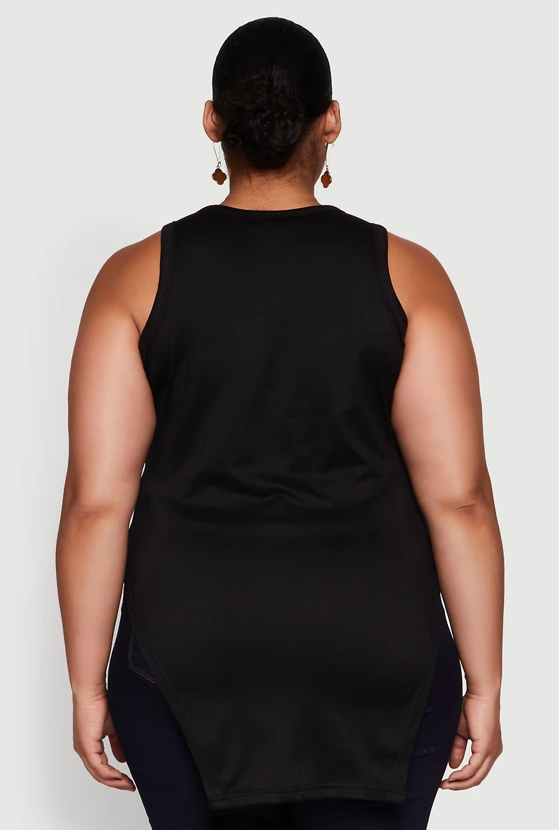 Womens Plus Size Side Slit Crew Neck Tank Top, Black, Size 2X