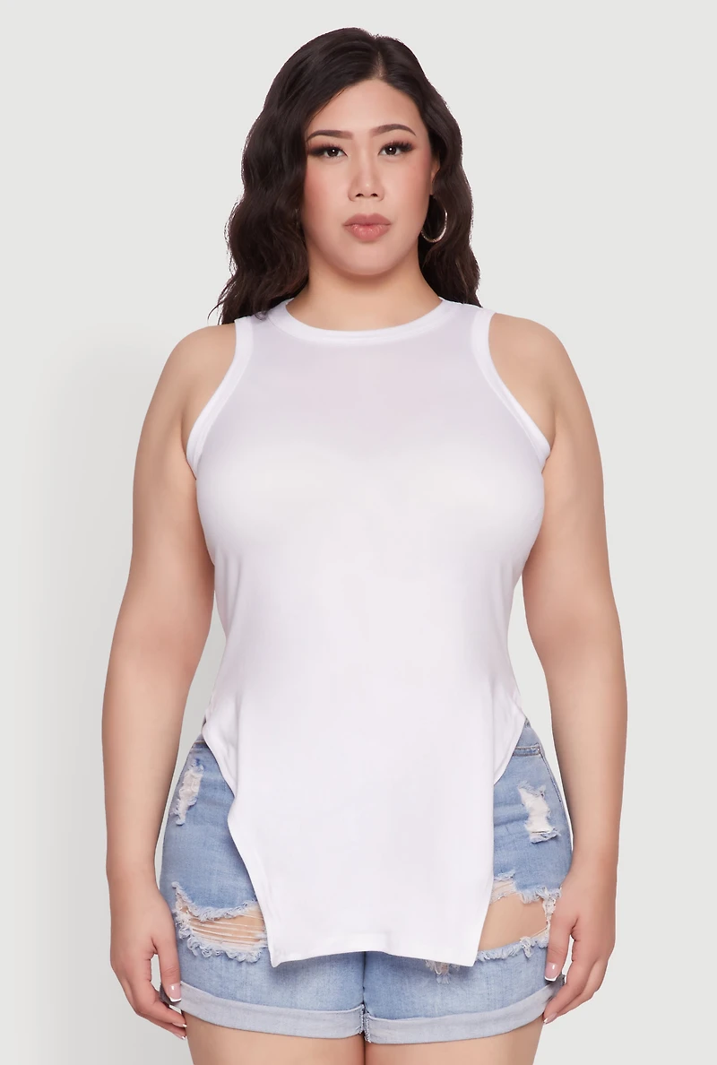 Plus Side Slit Crew Neck Tank Top