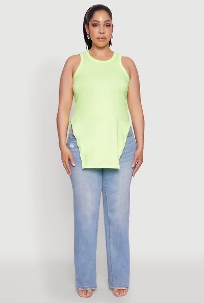 Womens Plus Side Slit Crew Neck Tank Top,