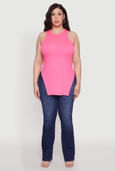 Womens Plus Side Slit Crew Neck Tank Top, Pink,