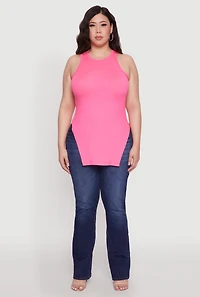 Womens Plus Side Slit Crew Neck Tank Top, Pink,