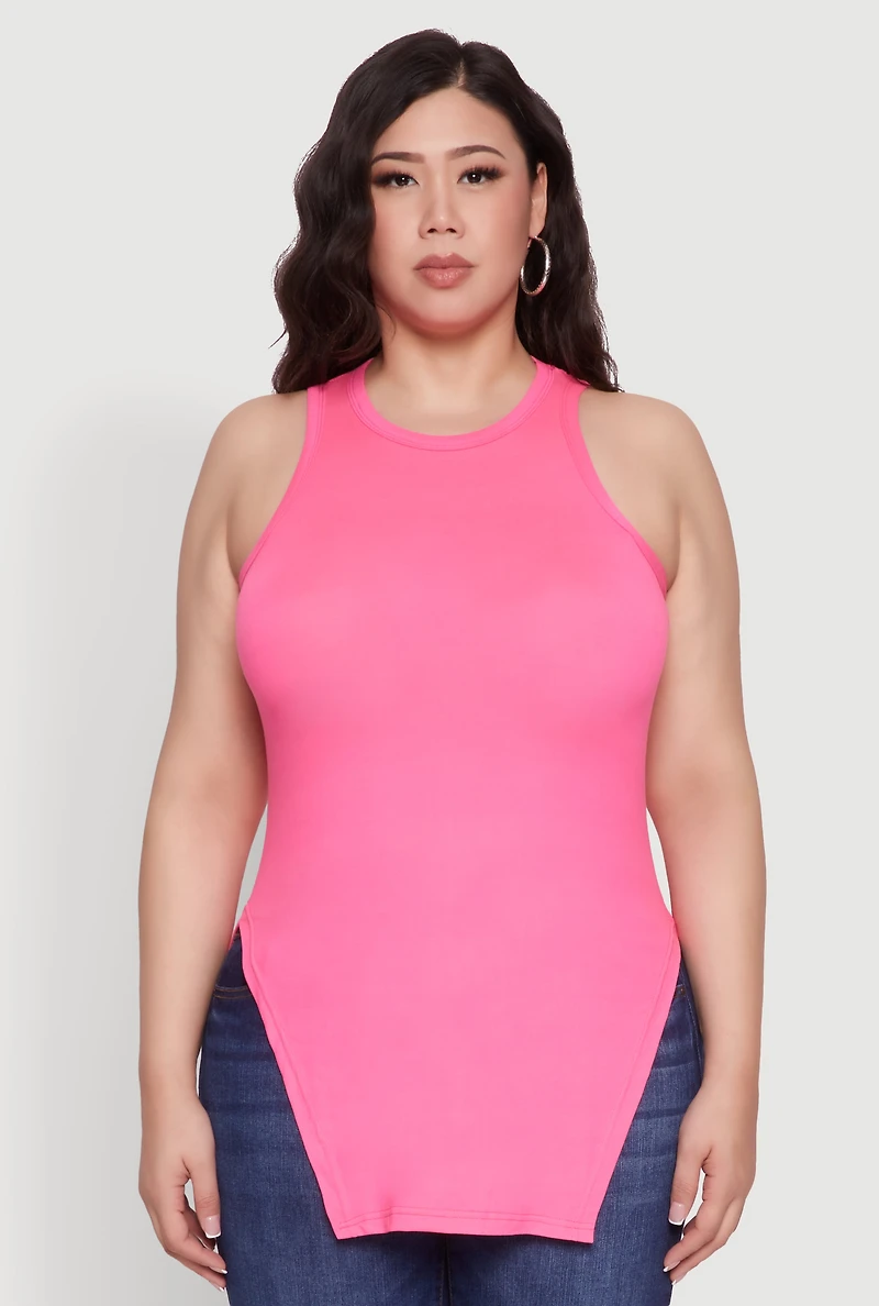 Womens Plus Side Slit Crew Neck Tank Top, Pink,