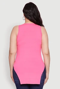 Womens Plus Side Slit Crew Neck Tank Top, Pink,