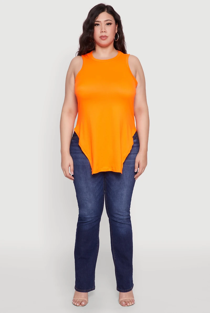 Womens Plus Size Side Slit Crew Neck Tank Top, Orange, Size 1X
