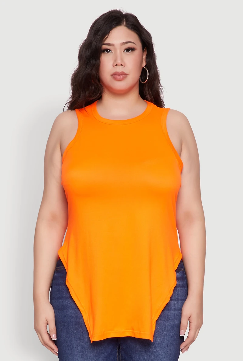 Womens Plus Size Side Slit Crew Neck Tank Top, Orange, Size 1X