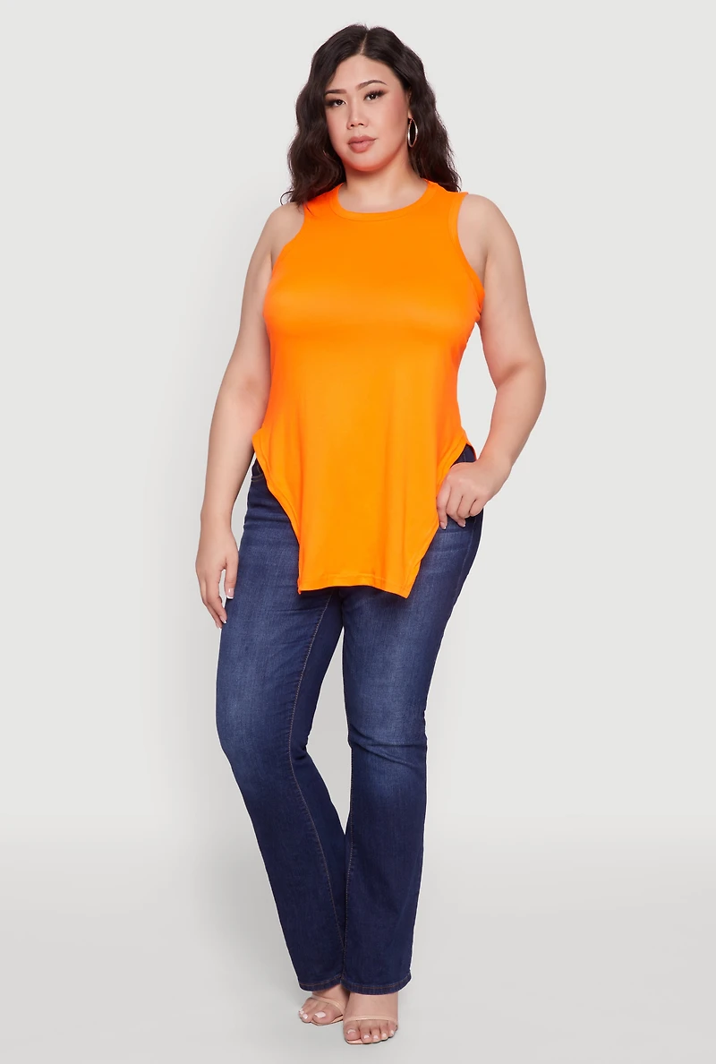 Womens Plus Side Slit Crew Neck Tank Top, 2X