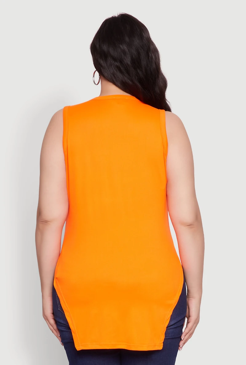 Womens Plus Size Side Slit Crew Neck Tank Top, Orange, Size 1X