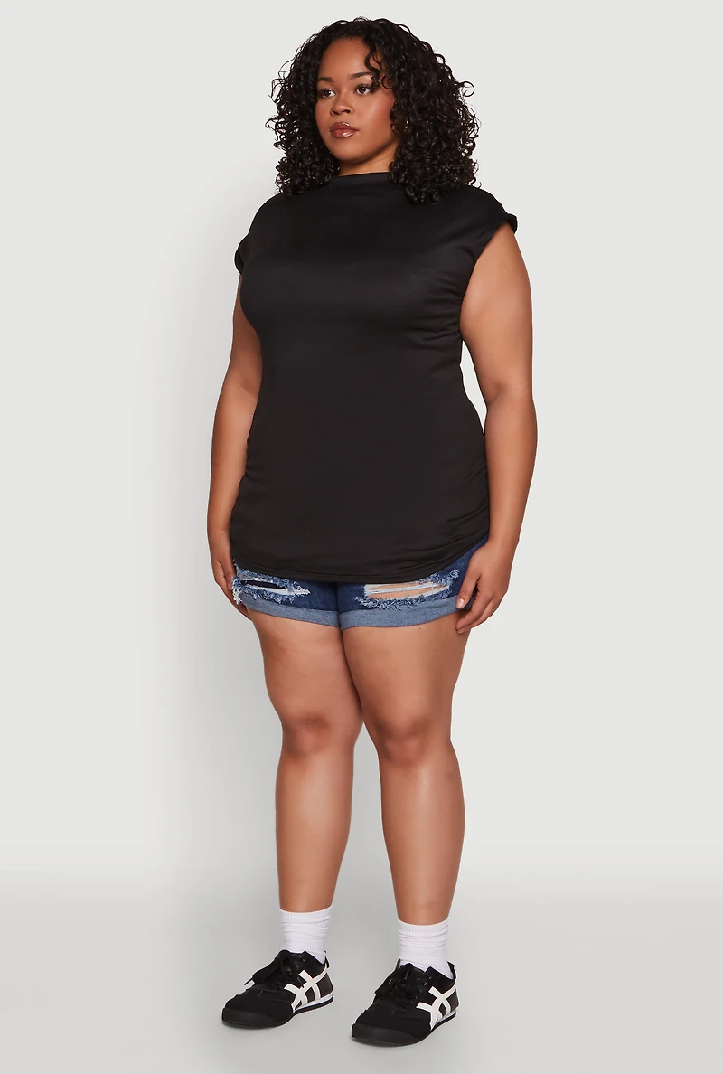 Womens Plus Ruched Cap Sleeve Top, Black,