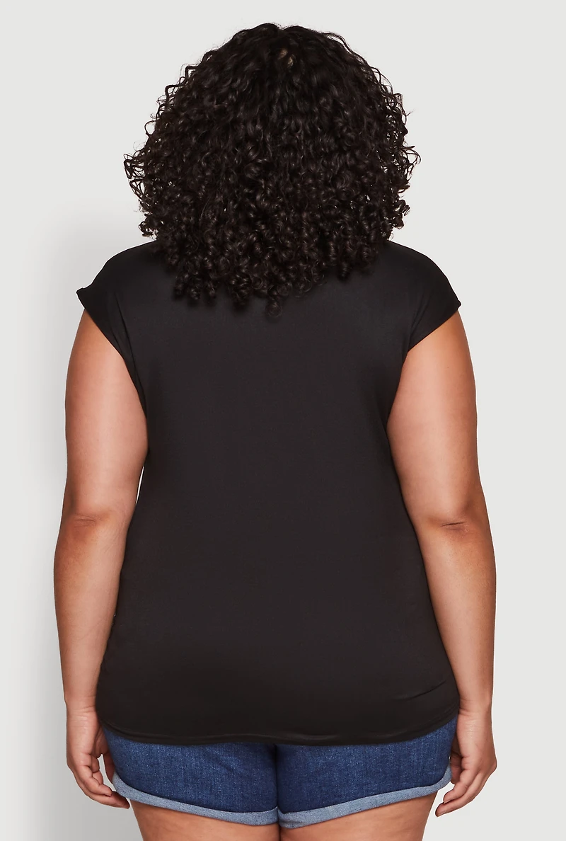 Womens Plus Ruched Cap Sleeve Top, Black,