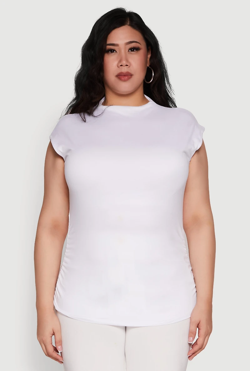 Womens Plus Size Ruched Cap Sleeve Top, White, Size 2X