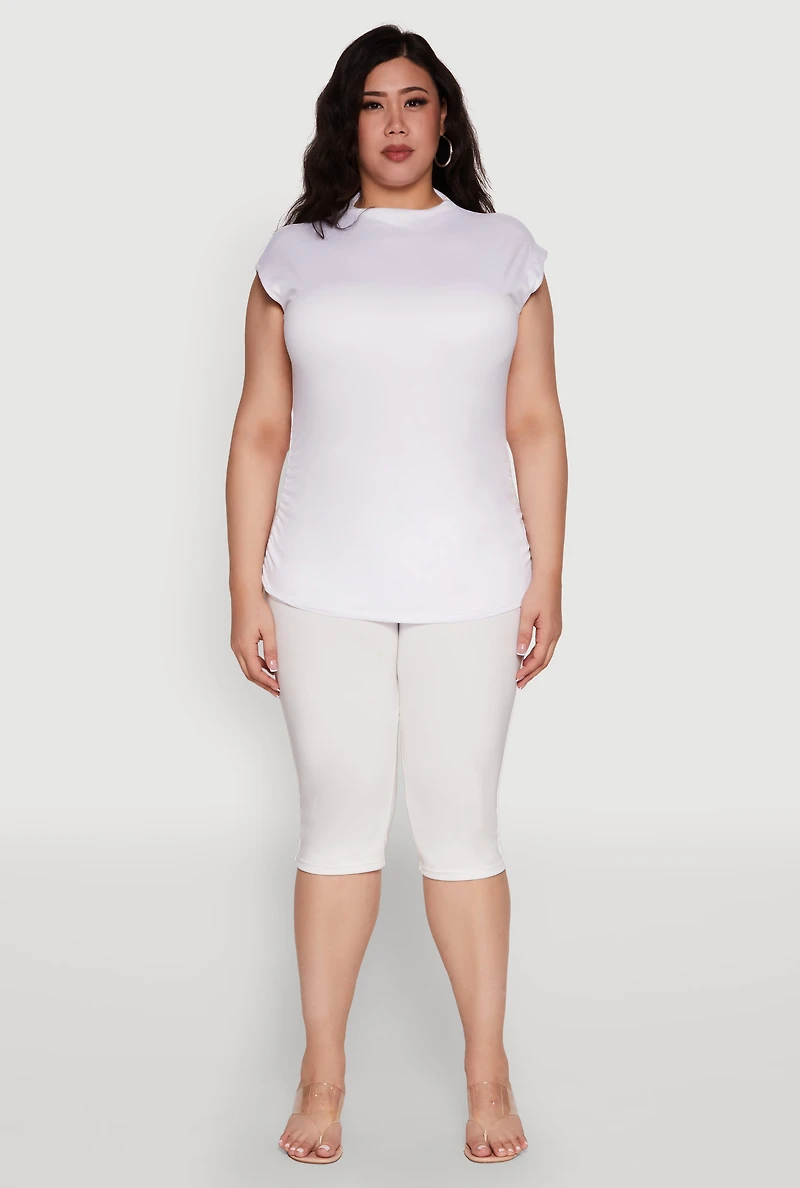 Womens Plus Size Ruched Cap Sleeve Top, White, Size 1X