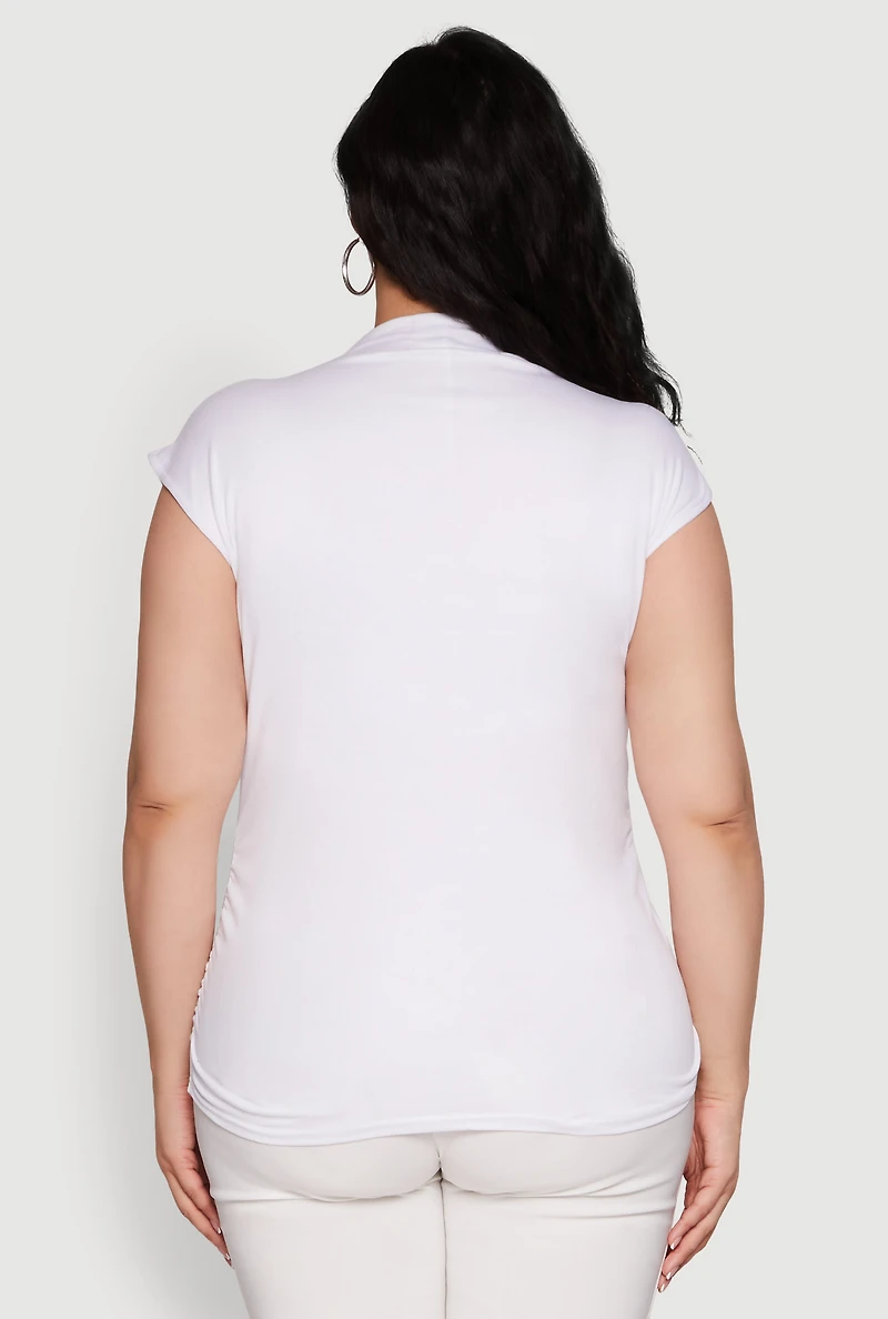 Womens Plus Size Ruched Cap Sleeve Top, White, Size 1X