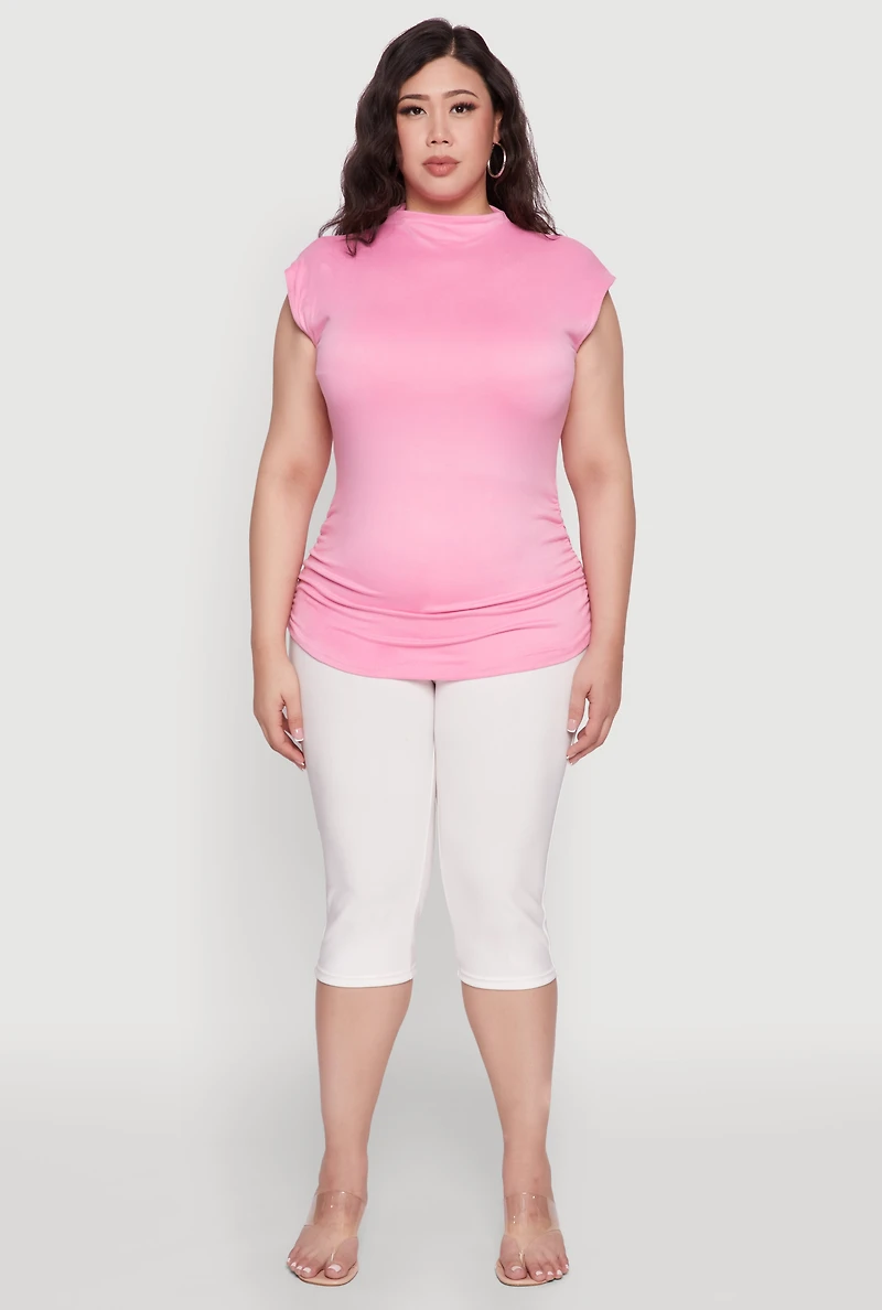 Womens Plus Ruched Cap Sleeve Top, Pink,