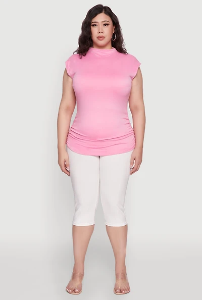 Womens Plus Ruched Cap Sleeve Top, Pink,