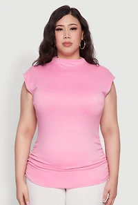 Womens Plus Ruched Cap Sleeve Top, Pink,
