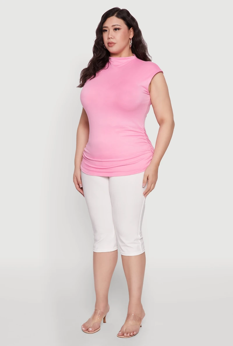 Womens Plus Size Ruched Cap Sleeve Top, Pink, Size 1X
